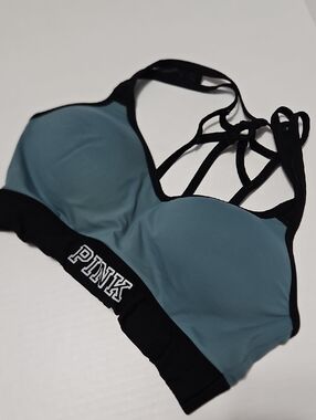 PINK Victoria's Secret Strappy Padded Sports Bra in Teal and Black Size S